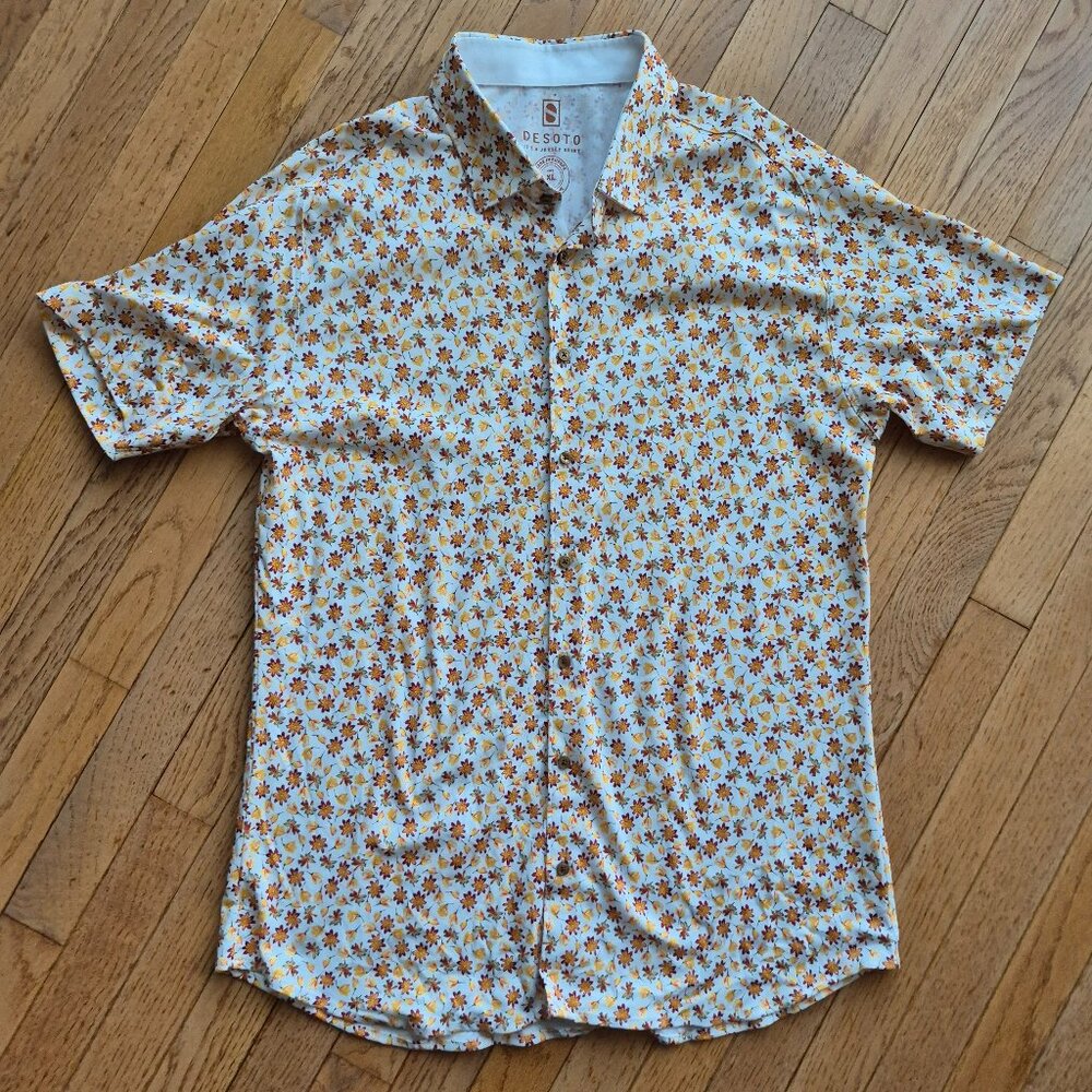 Desoto Leaf Floral Pattern Print Jersey Knit Short Sleeve Shirt XL Orange